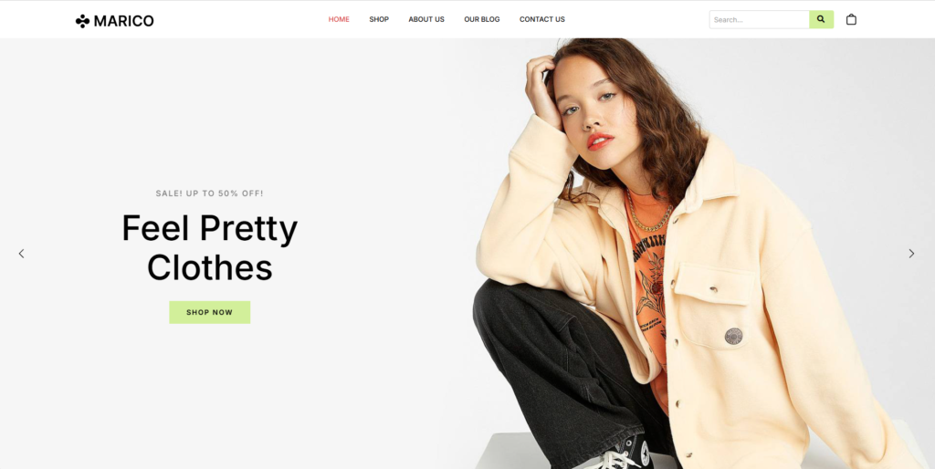 E-commerce website example: a fashion store homepage with a model in a cream jacket and a “Feel pretty clothes” headline