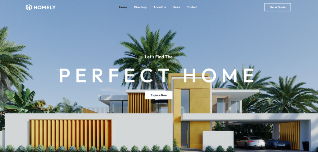 Real estate website example: a modern house under a blue sky with a centred “Perfect home” headline