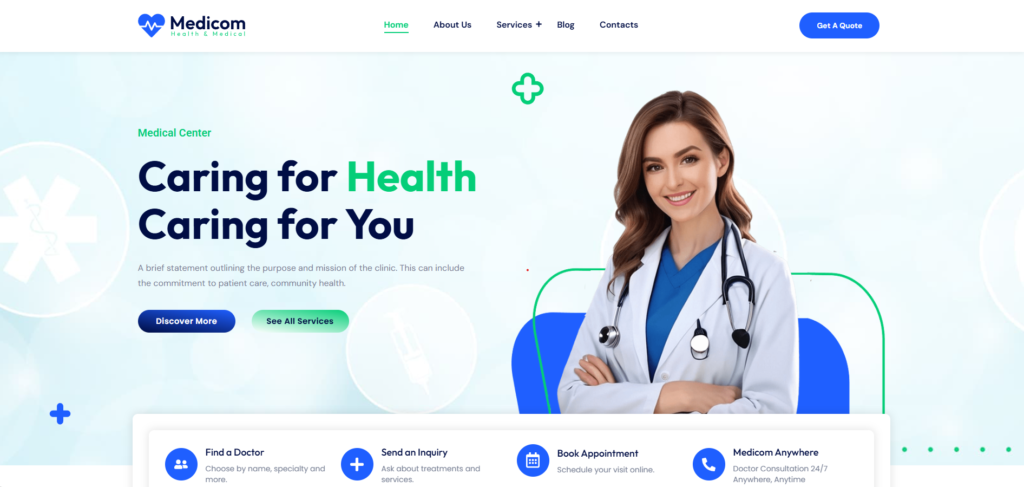 Medical website example: a light homepage with a doctor portrait, a “Caring for health” headline and service shortcuts