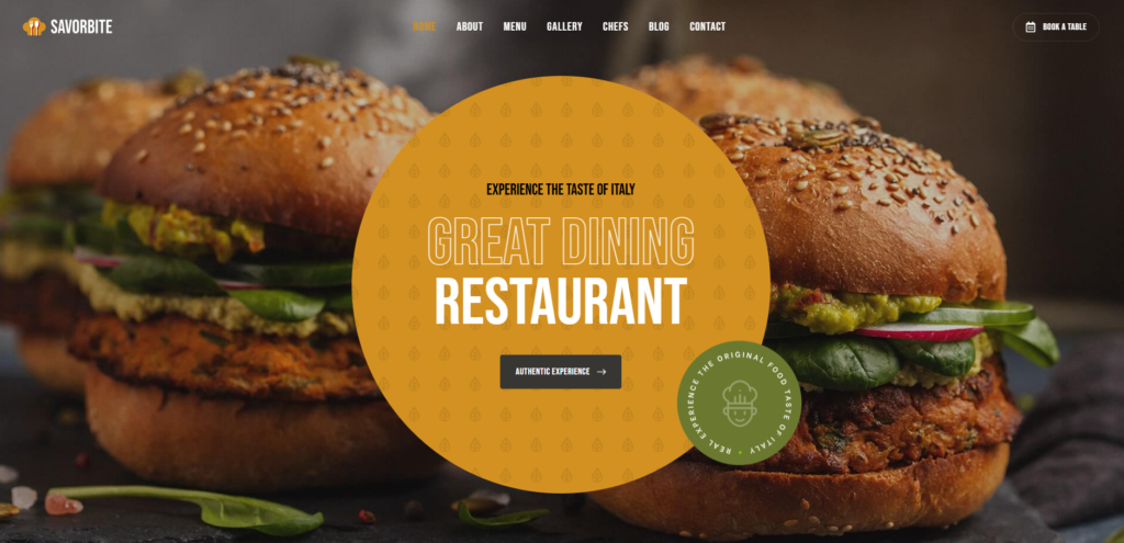 Restaurant website example: dark food photography of burgers behind a large golden circular “Restaurant” badge