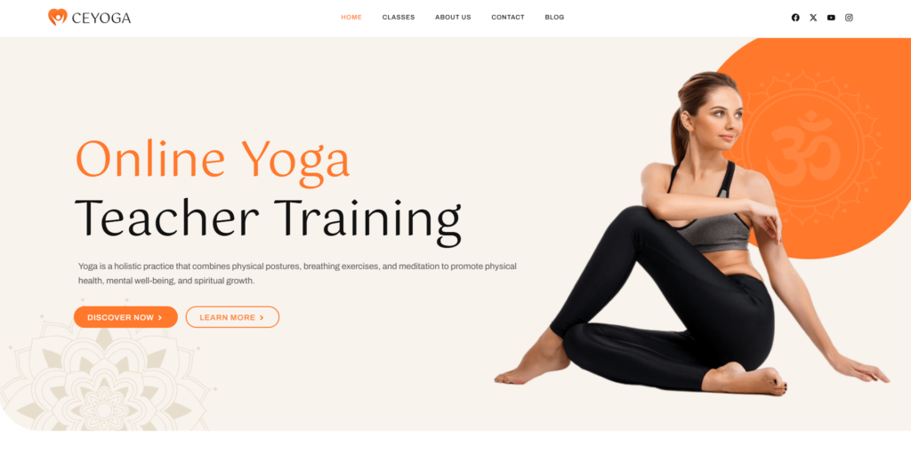 Fitness website example: a yoga teacher in a seated pose on a cream and orange homepage for teacher training