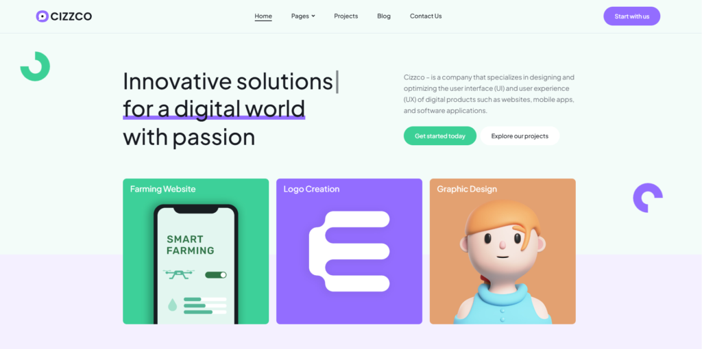 Small business website example: a light homepage with an “Innovative solutions for a digital world” headline and colourful service cards