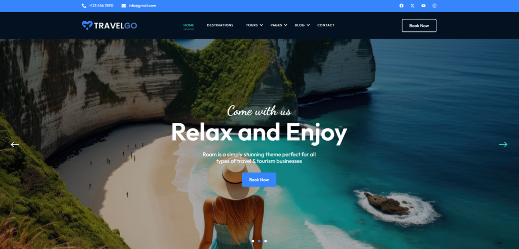 Travel website example: a sweeping coastal photograph with a “Relax and enjoy” headline