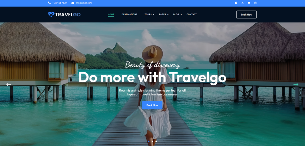 Travel website example, second view: overwater villas and a “Do more” headline