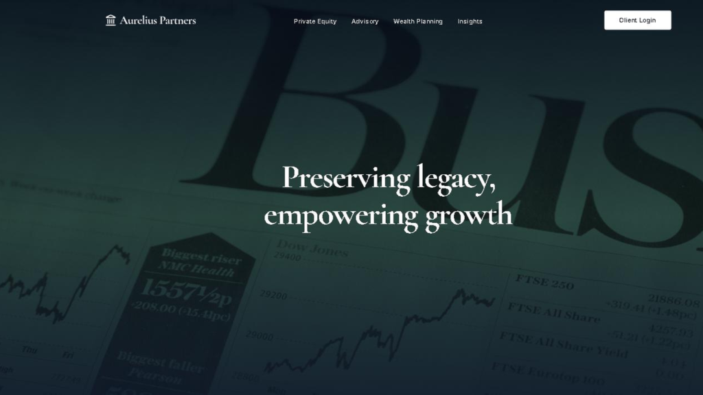 Finance website example: a deep green wealth management homepage with a serif “Preserving legacy, empowering growth” headline
