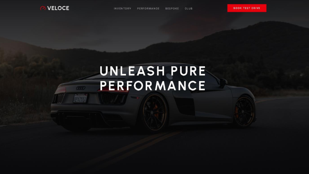 Automotive website example: a dark homepage with a sports car on an open road and a large “Unleash pure performance” headline