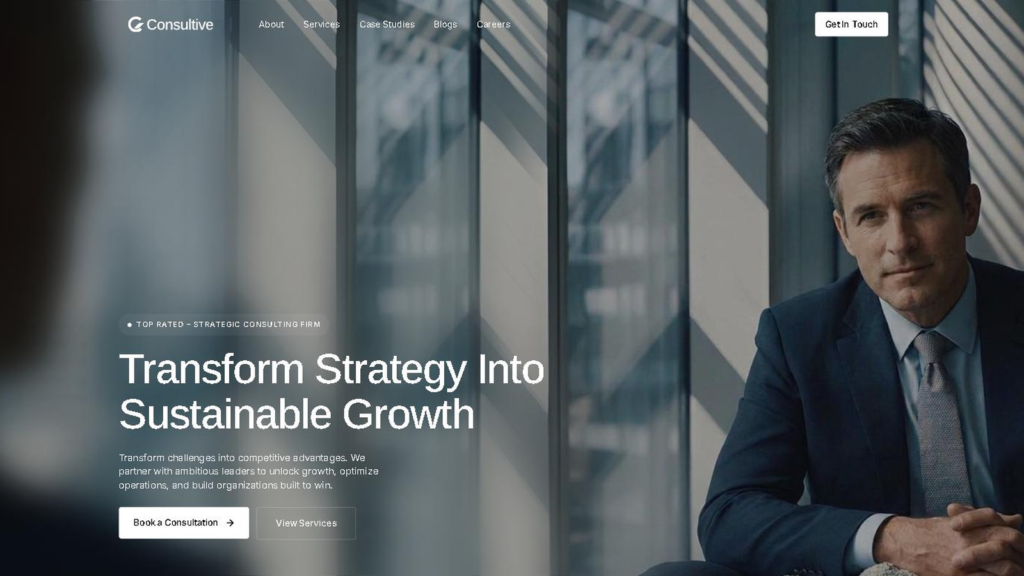 Consulting website example: a business portrait beside a “Transform strategy into sustainable growth” headline