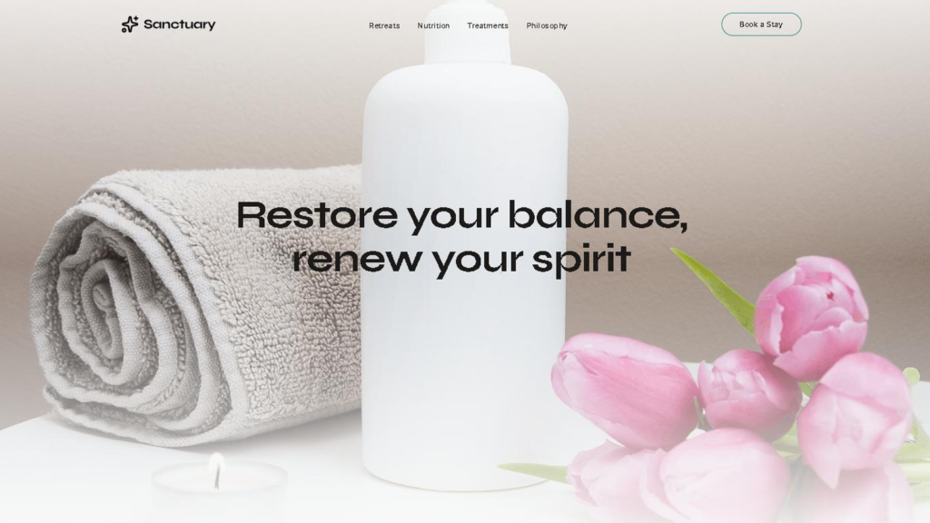 Wellness website example: a soft, light homepage with a folded towel, tulips and a “Restore your balance” headline